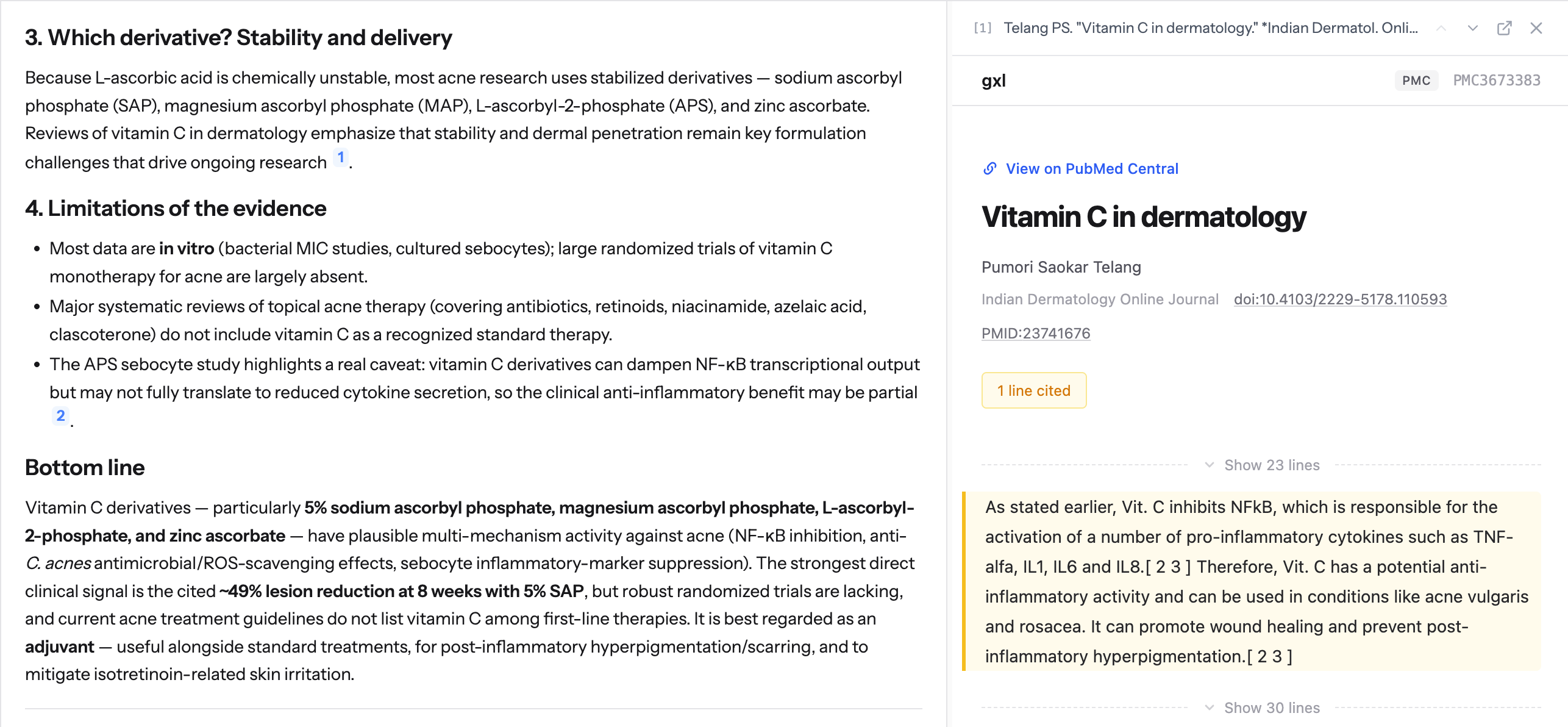 Citations panel showing inline references with highlighted text snippets